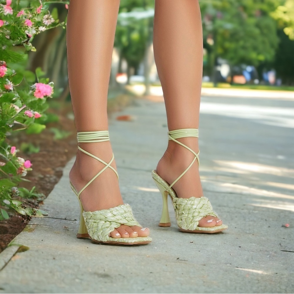 Light green woven straw raffia square toe heel ankle strappy wrap mule sandals